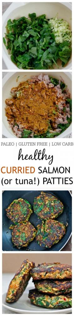 Paleo Curried Salmon (or tuna!) Patties- Just ten minutes is all you’ll need to whip up these Curried Salmon (or tuna!) patties- No fancy ingredients and chock full of veggies, these patties are paleo, gluten free, grain free and low carb- You’d never believe these beauties started out from a can! Thebigmansworld -thebigmansworld.com