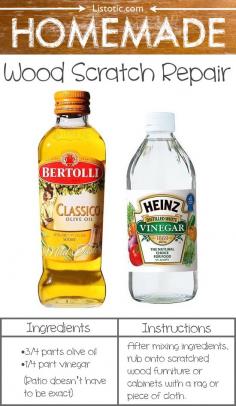 mix together 1/4 part white vinegar with 3/4 parts olive oil (I’m pretty sure canola or vegetable oil would work, too). Don’t worry about getting the measurements exact, you can even just eyeball it. Dip a rag or other soft cloth in the mixture and rub it on any piece of finished wood furniture or cabinet that needs a little sprucing up.